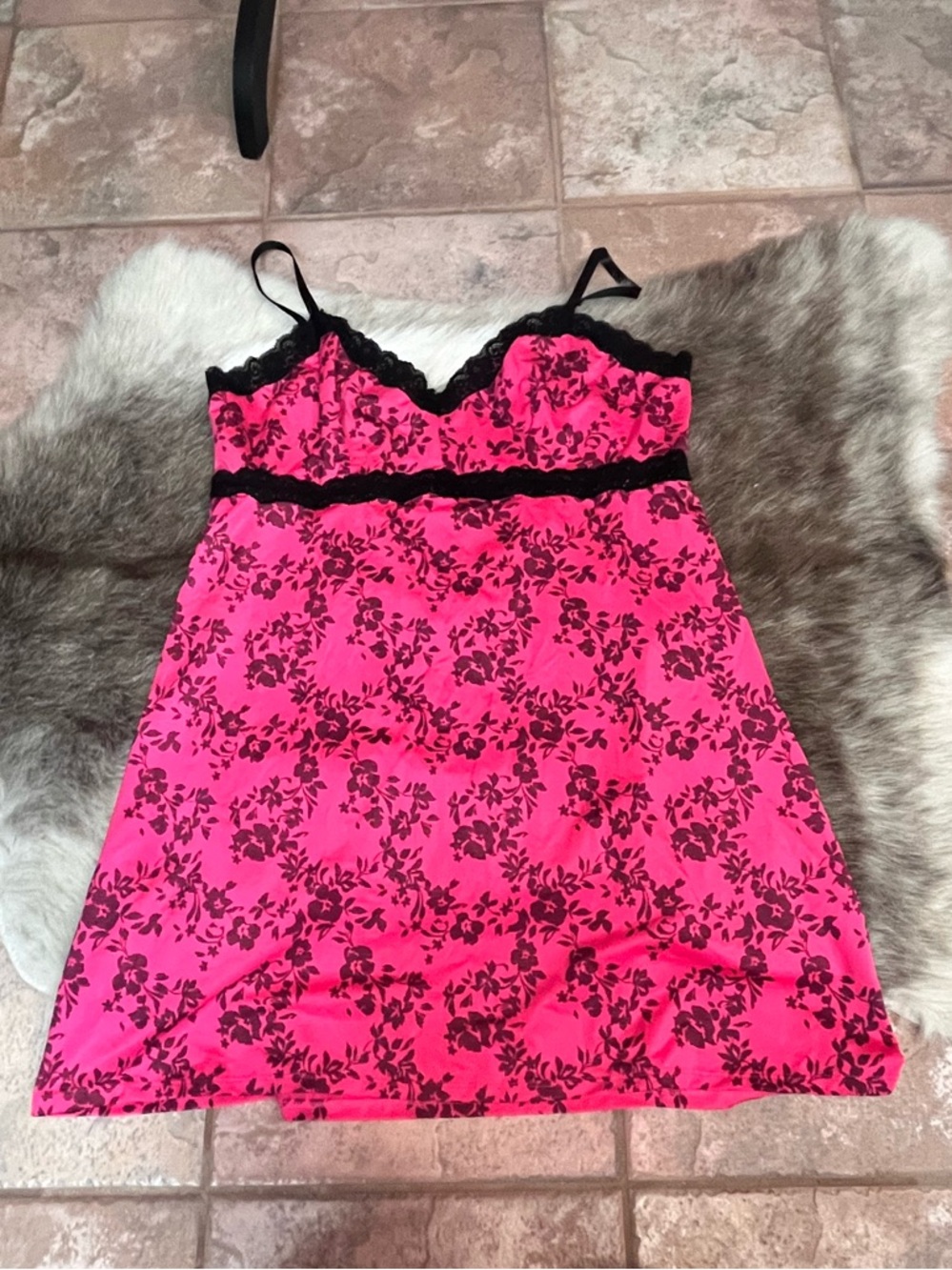 Marilyn Monroe Hot Pink Chemise with Black Floral Lace Trim